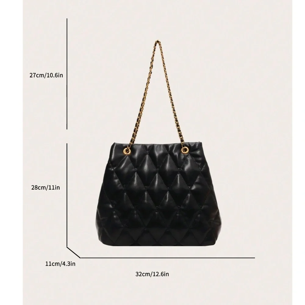 Luxe Black Vegan Leather Quilted Gold Tone chain Large Shoulder Bag - Picture 7 of 7